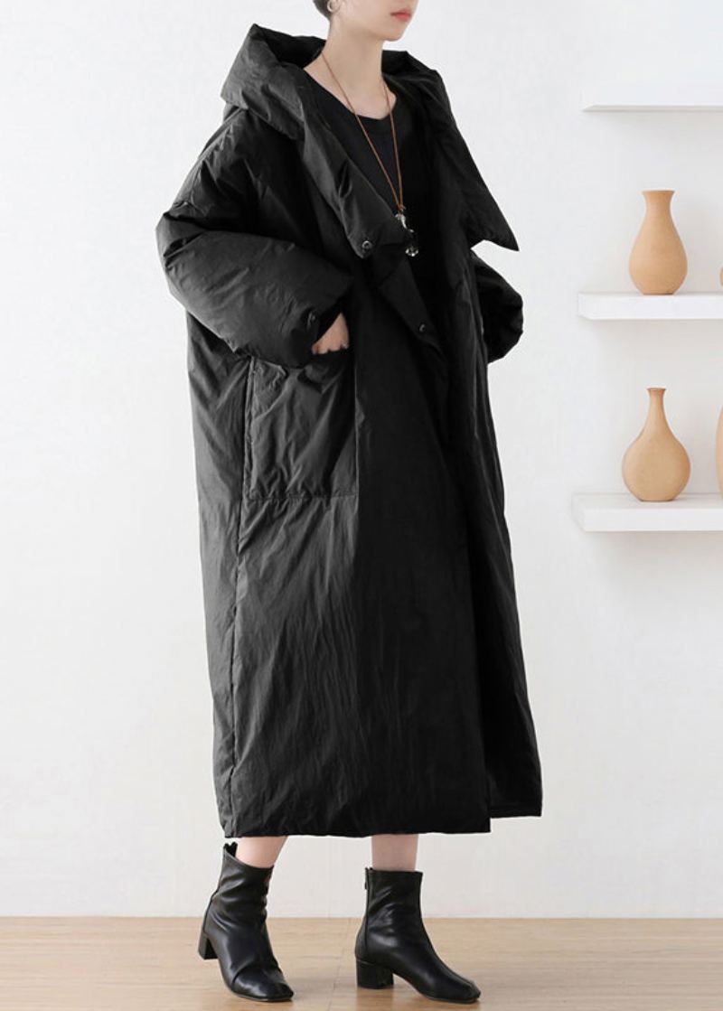 Manteau Long À Capuche En Duvet De Canard Boutonné À Col Roulé Noir Pour L'hiver - Noir