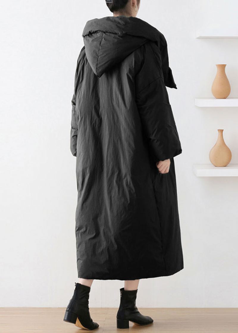 Manteau Long À Capuche En Duvet De Canard Boutonné À Col Roulé Noir Pour L'hiver - Noir