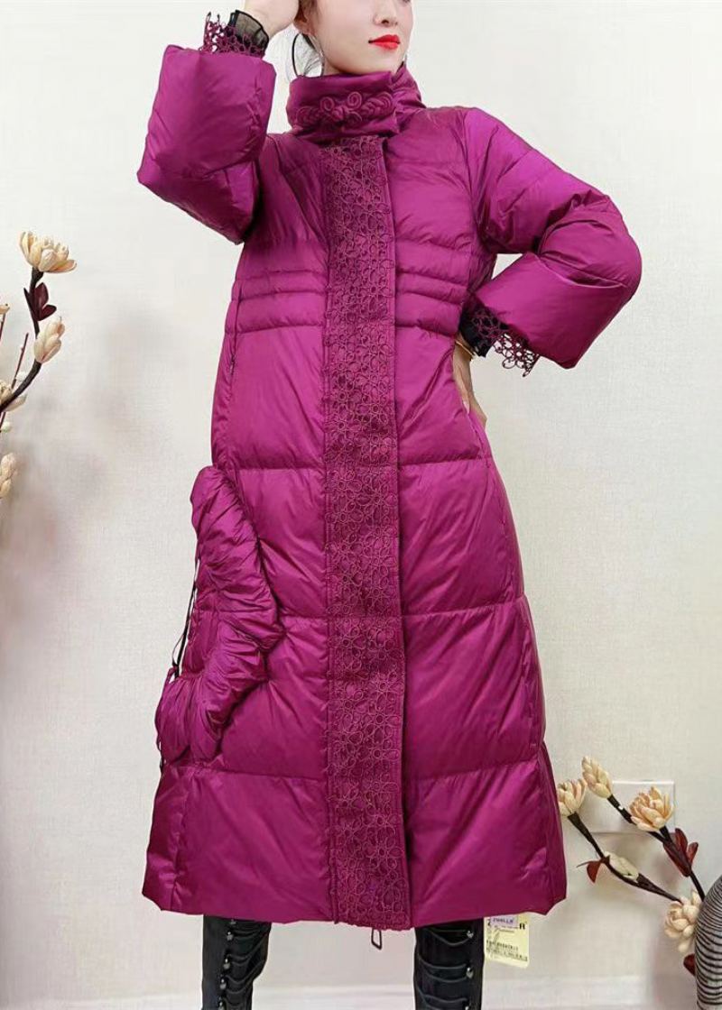 Manteau Long En Duvet De Canard Avec Fermeture Éclair Et Dentelle Rose Française Patchwork Hiver