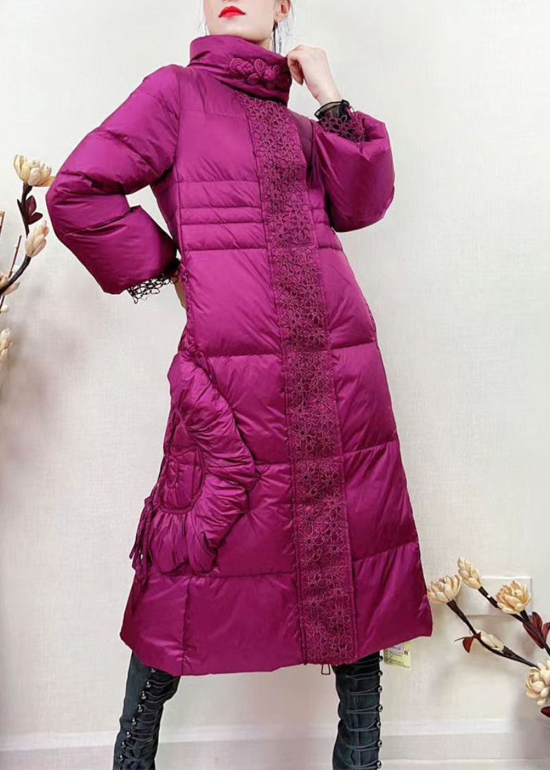 Manteau Long En Duvet De Canard Avec Fermeture Éclair Et Dentelle Rose Française Patchwork Hiver - Doudounes femmes