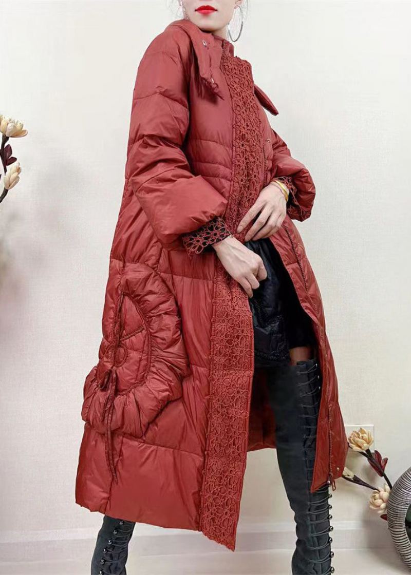 Manteau Long En Duvet De Canard Avec Fermeture Éclair Et Dentelle Rose Française Patchwork Hiver - Doudounes femmes