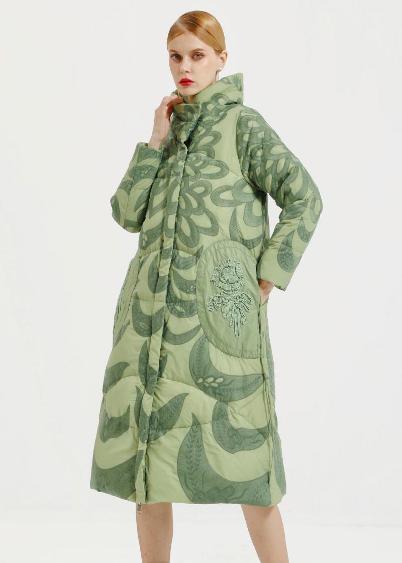 Manteau Long En Duvet De Canard Brodé À Capuche Vert Ample Hiver - Doudounes femmes