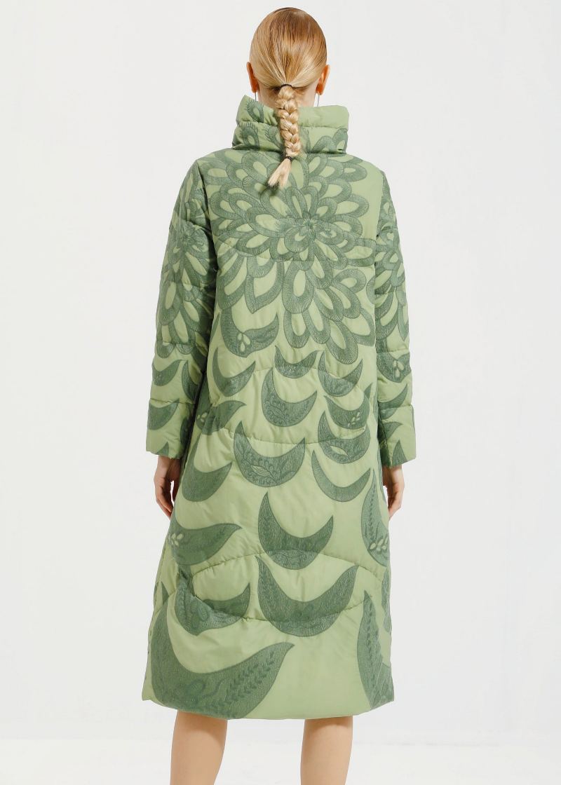 Manteau Long En Duvet De Canard Brodé À Capuche Vert Ample Hiver - Doudounes femmes