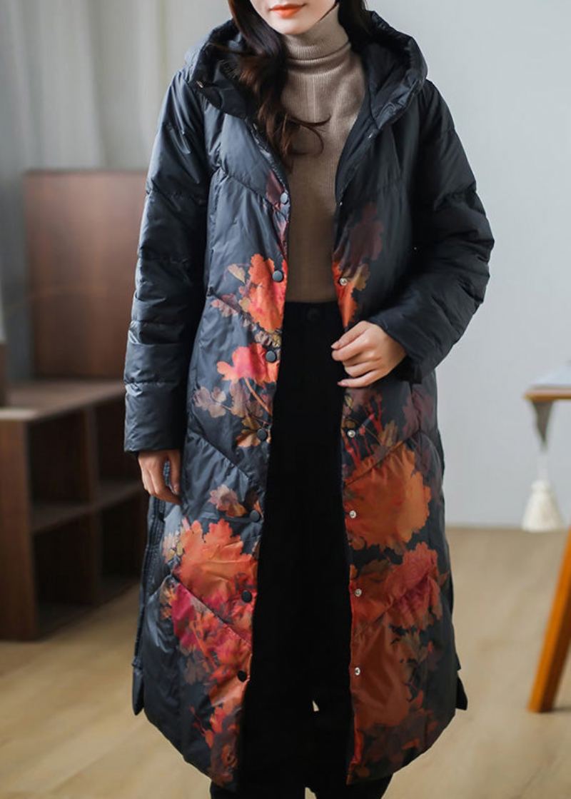 Manteau Long En Duvet De Canard Épais Imprimé Noir Polaire Chaude Grande Taille Hiver