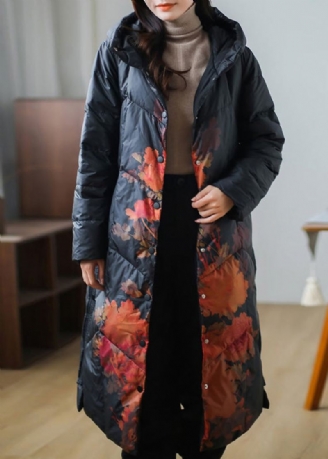 Manteau Long En Duvet De Canard Épais Imprimé Noir Polaire Chaude Grande Taille Hiver