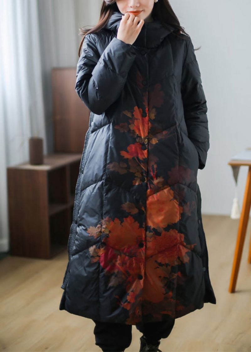 Manteau Long En Duvet De Canard Épais Imprimé Noir Polaire Chaude Grande Taille Hiver - Noir