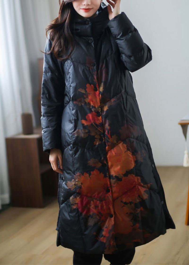 Manteau Long En Duvet De Canard Épais Imprimé Noir Polaire Chaude Grande Taille Hiver - Noir