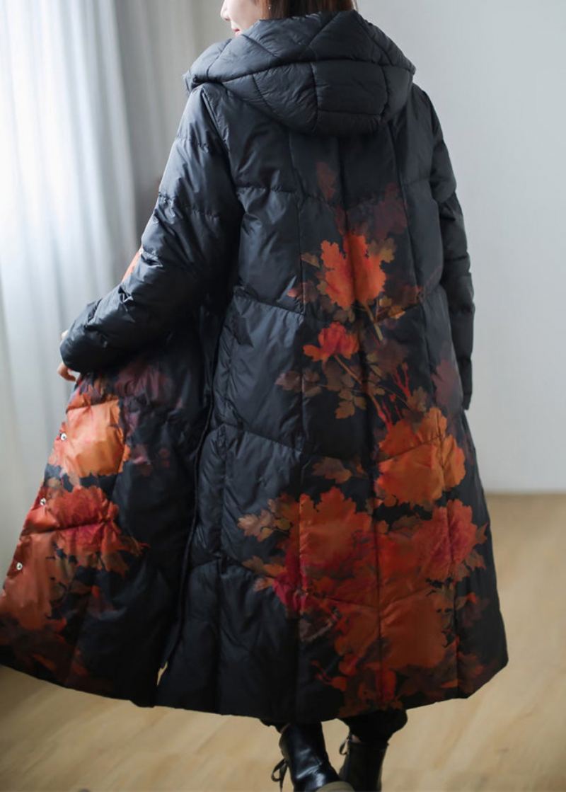 Manteau Long En Duvet De Canard Épais Imprimé Noir Polaire Chaude Grande Taille Hiver - Noir