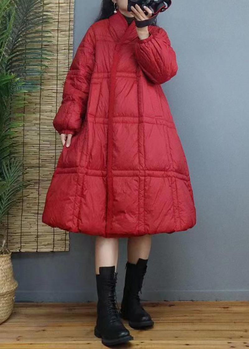 Manteau Long En Duvet De Canard Pour Femme Bouton Rouge Patchwork Hiver