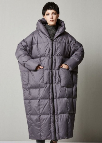 Manteau Long En Duvet De Canard Pour Femme Gris Ample À Capuche Hiver