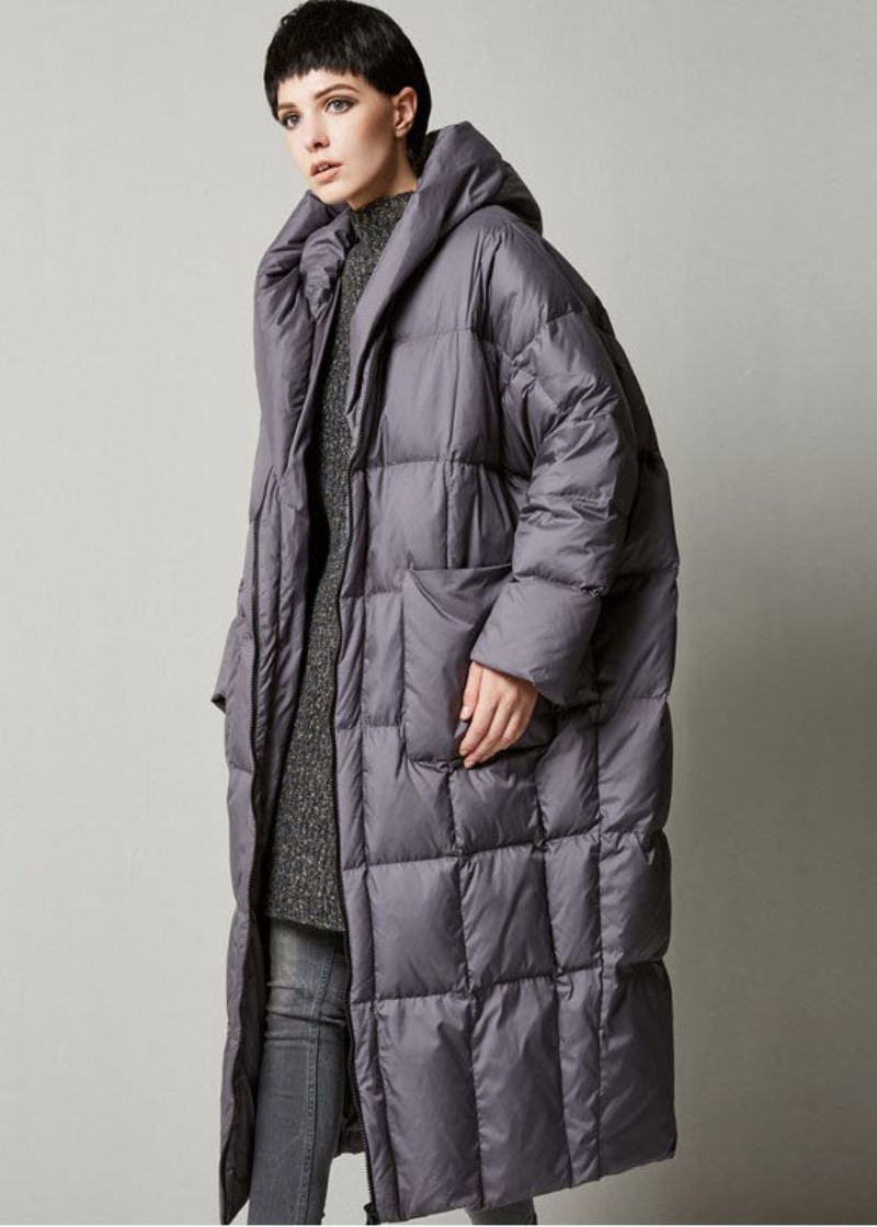 Manteau Long En Duvet De Canard Pour Femme Gris Ample À Capuche Hiver - Gris