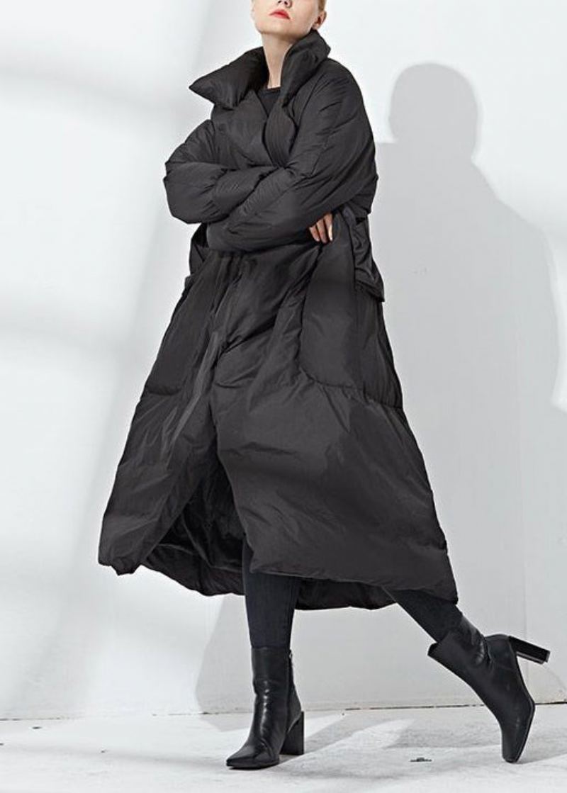 Manteau Long En Duvet De Canard Noir Avec Poches À La Taille Ample Hiver