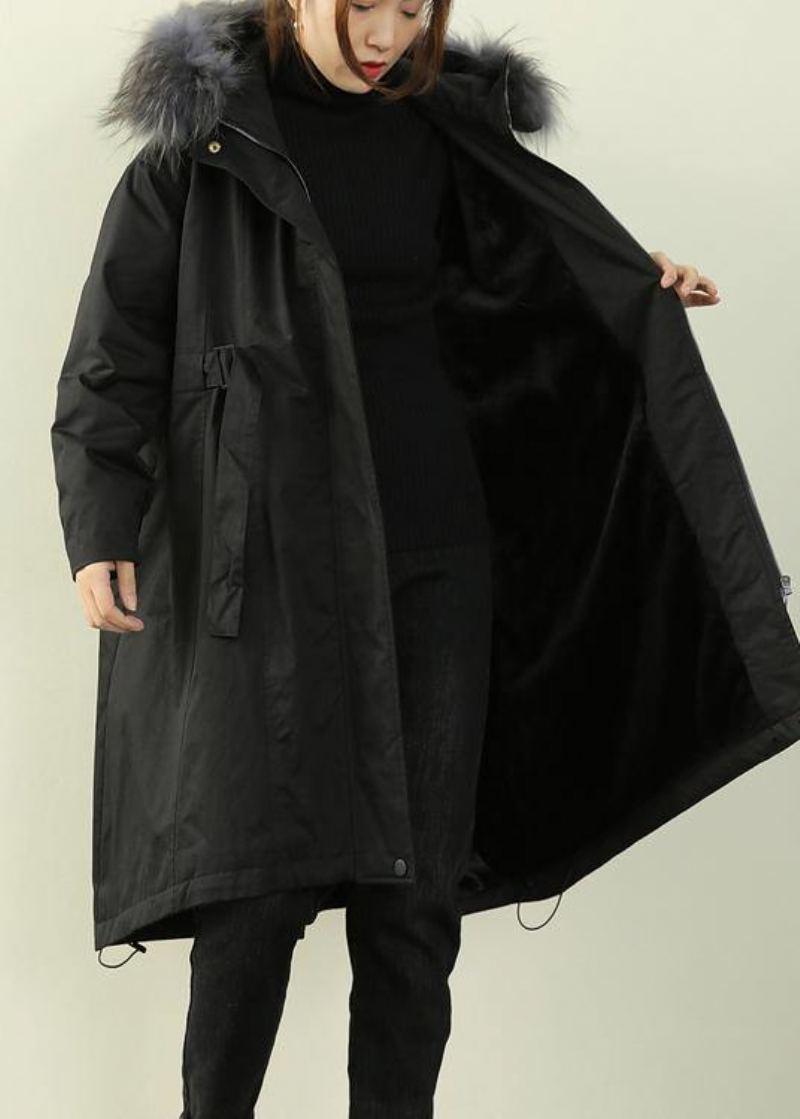 Manteau Long Matelassé Avec Col En Fourrure Noire Pour Femme Manteaux Amples - Doudounes femmes