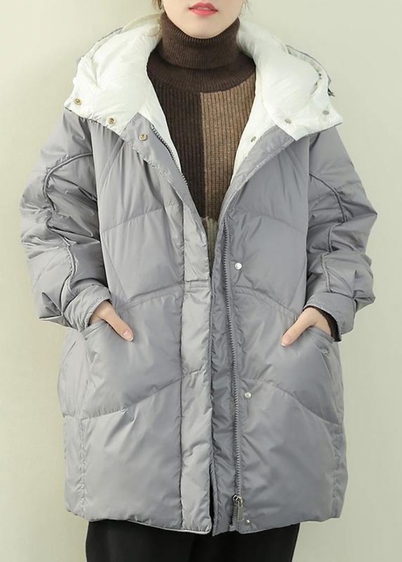 Manteau De Luxe En Duvet De Canard Bleu Gris Grande Taille Veste D'hiver À Capuche Manteaux À Fermeture Éclair