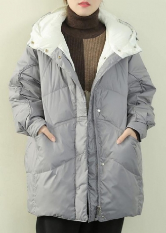 Manteau De Luxe En Duvet De Canard Bleu Gris Grande Taille Veste D'hiver À Capuche Manteaux À Fermeture Éclair