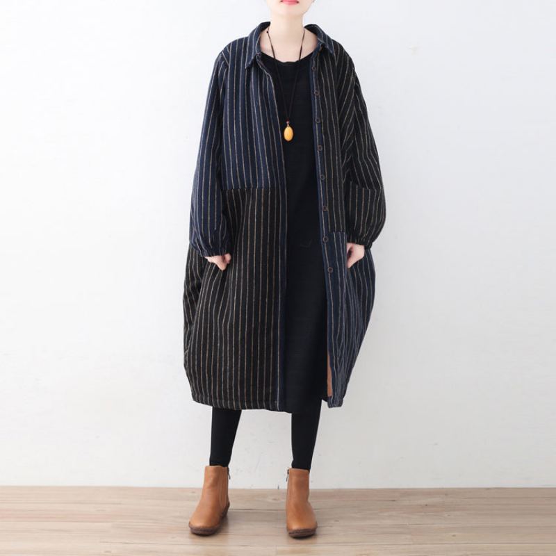 Manteau De Luxe À Rayures Bleues Et Noires Vestes Bouffantes En Laine Surdimensionnées Patchwork Fin Vêtements D'extérieur D'hiver