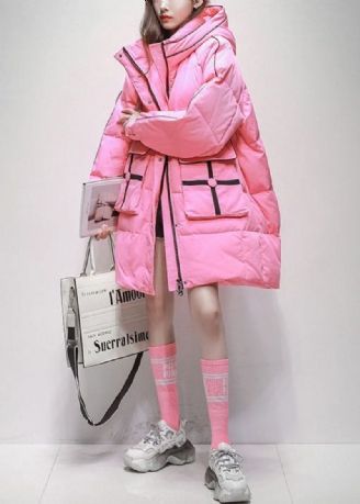 Manteau Matelassé À Capuche En Duvet De Canard Rose Avec Poches Zippées De Grande Taille Pour L'hiver