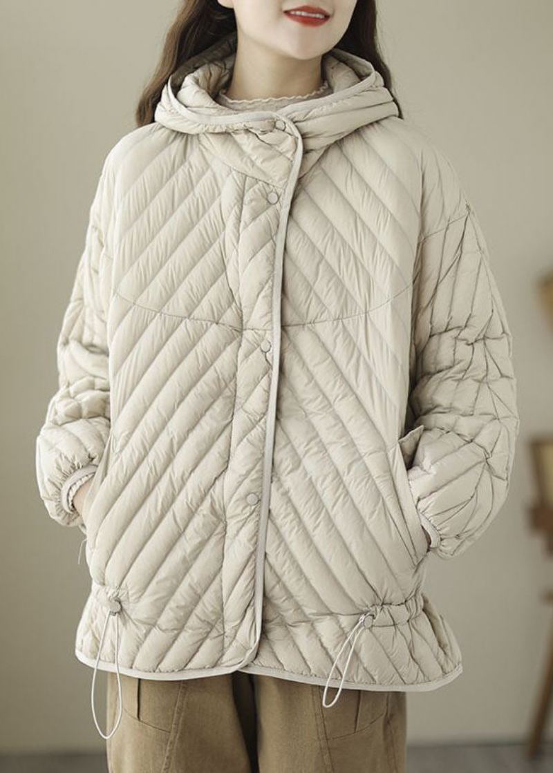 Manteau Matelassé En Duvet De Canard Beige À Capuche Et Cordon De Serrage Fin Pour L'hiver