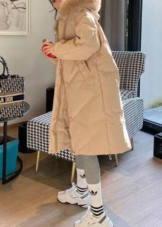 Manteau Matelassé En Duvet De Canard À Capuche Avec Col En Fourrure Kaki Pour L'hiver