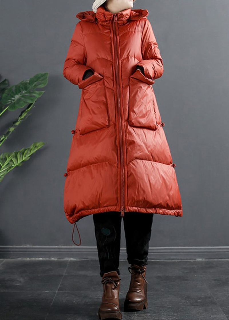 Manteau Matelassé En Duvet De Canard À Capuche Avec Poches Zippées Rouges Italiennes Pour L'hiver