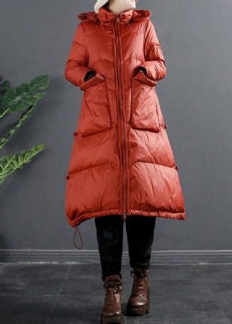 Manteau Matelassé En Duvet De Canard À Capuche Avec Poches Zippées Rouges Italiennes Pour L'hiver