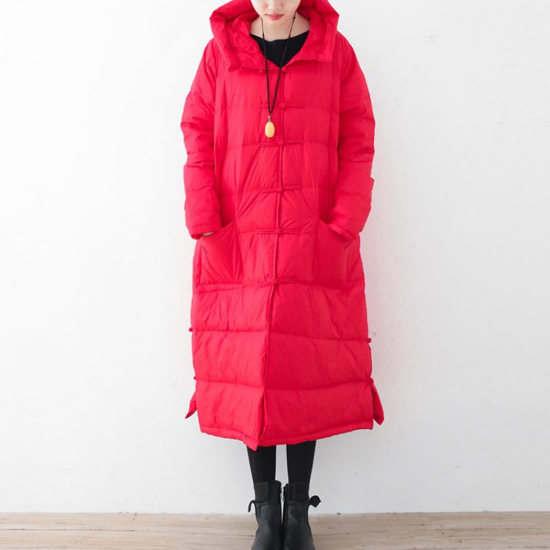 Manteau Matelassé Rouge Décontracté Manteaux Épais À Capuche Bouton Chinois