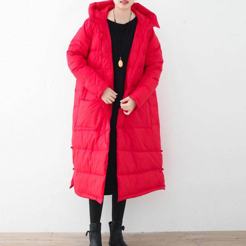 Manteau Matelassé Rouge Décontracté Manteaux Épais À Capuche Bouton Chinois - Rouge