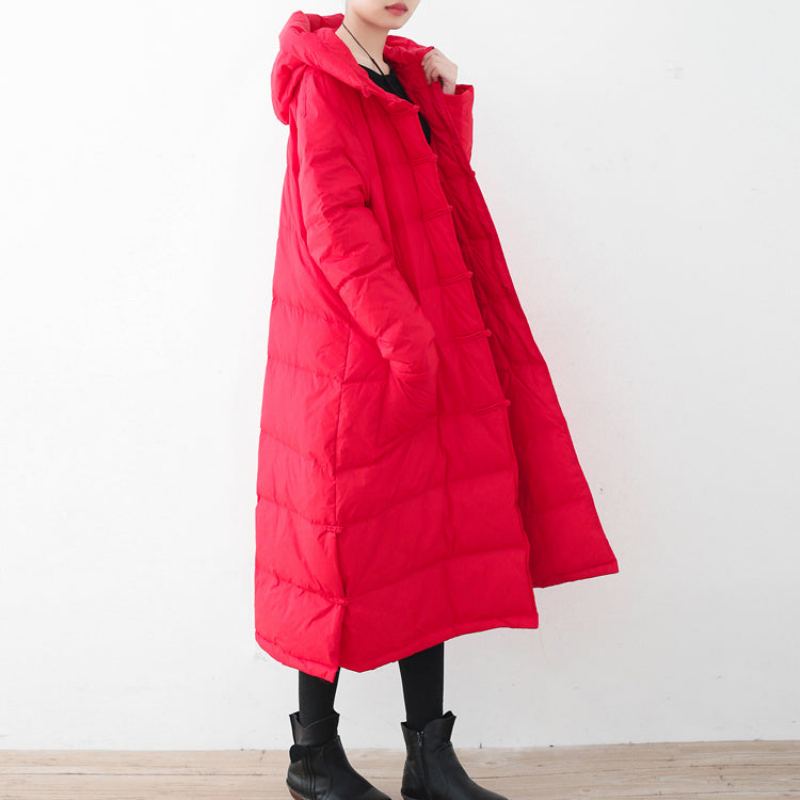 Manteau Matelassé Rouge Décontracté Manteaux Épais À Capuche Bouton Chinois - Rouge