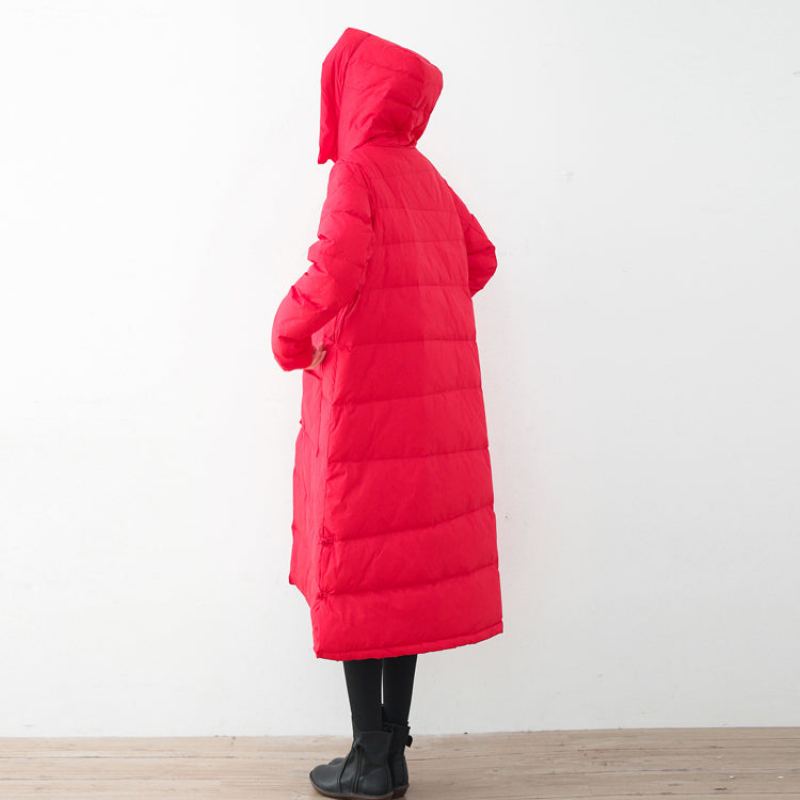 Manteau Matelassé Rouge Décontracté Manteaux Épais À Capuche Bouton Chinois - Rouge