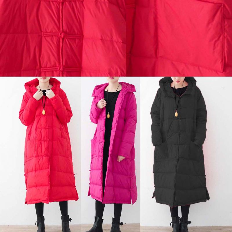 Manteau Matelassé Rouge Décontracté Manteaux Épais À Capuche Bouton Chinois - Rouge