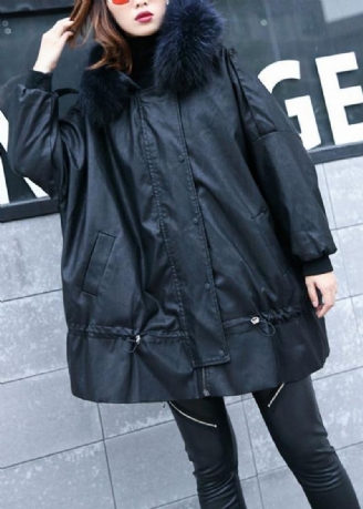 Manteau Noir De Luxe Veste D'hiver Tendance Grande Taille À Capuche Col En Fourrure