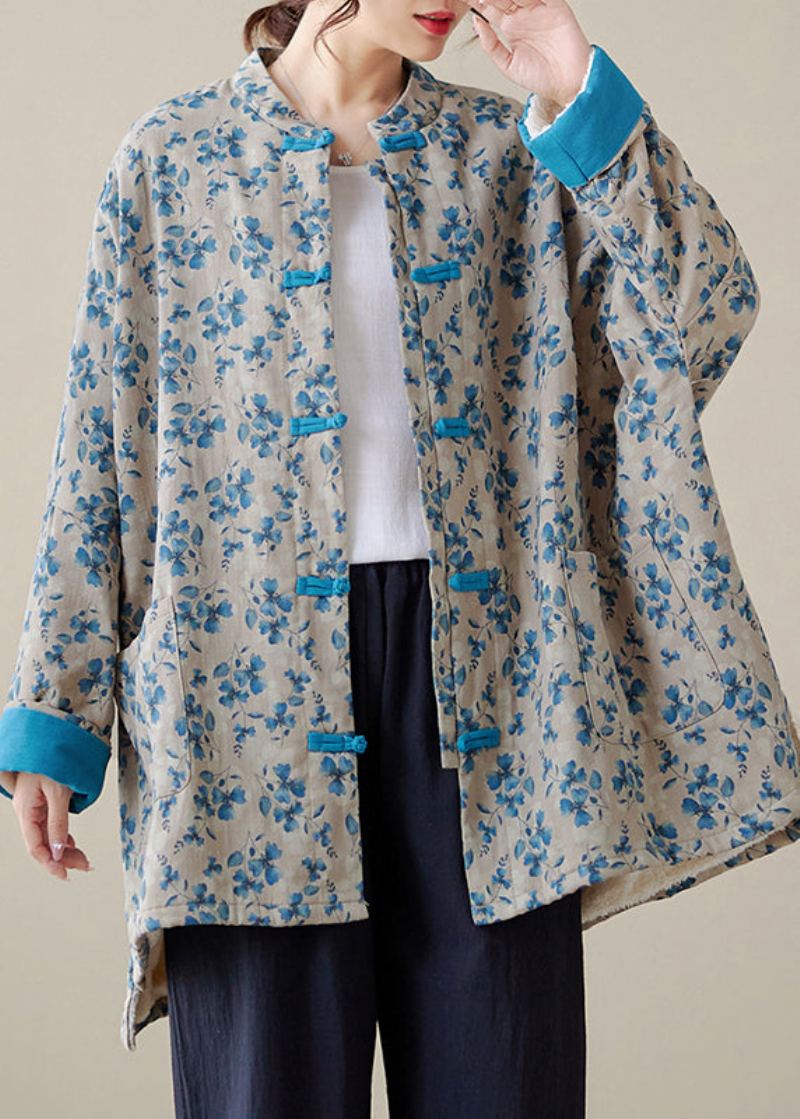 Manteau Oriental Rempli De Coton Fin Imprimé Bleu Bouton Chinois Hiver