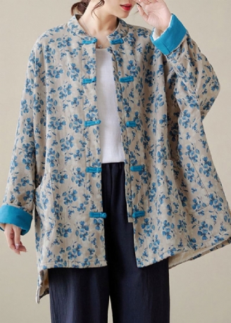 Manteau Oriental Rempli De Coton Fin Imprimé Bleu Bouton Chinois Hiver