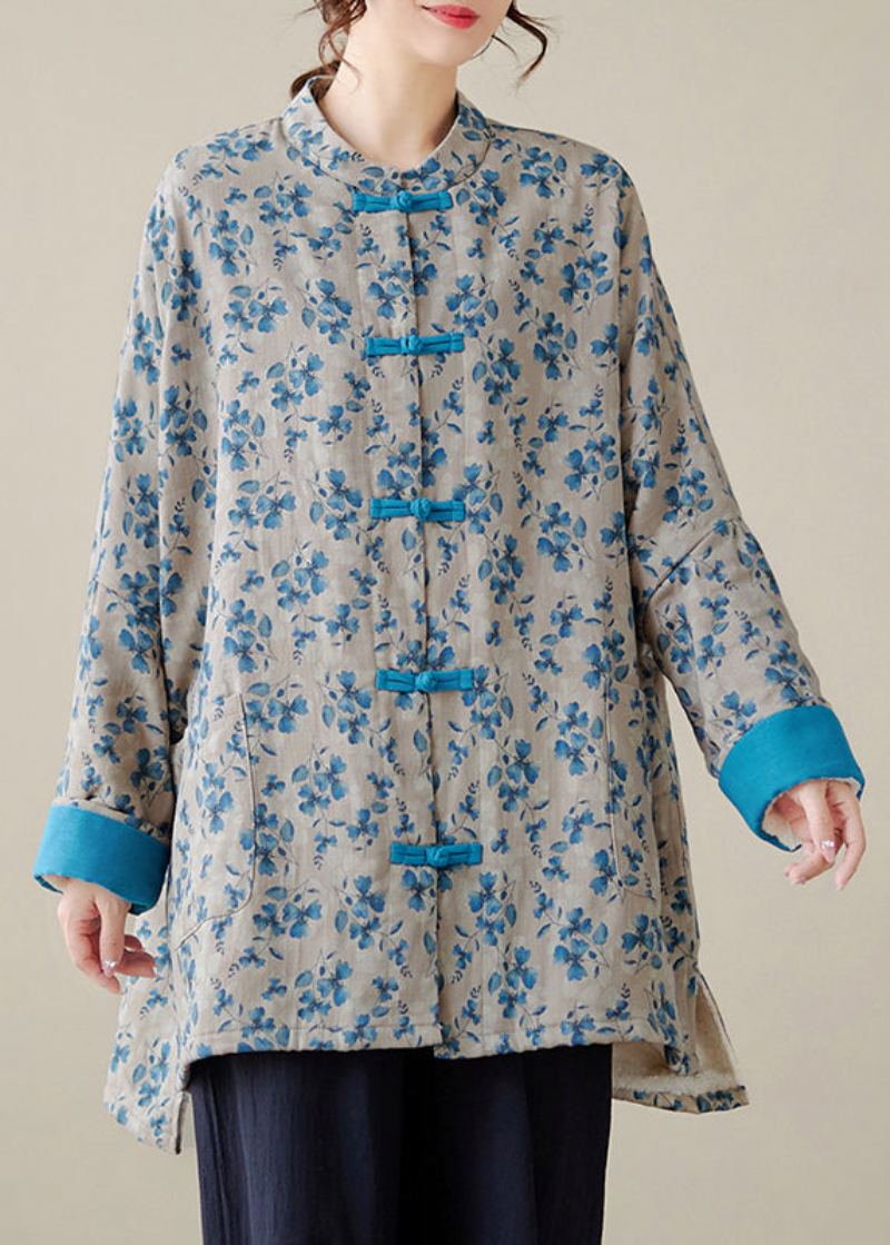 Manteau Oriental Rempli De Coton Fin Imprimé Bleu Bouton Chinois Hiver - Doudounes femmes