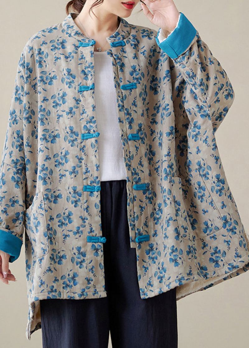 Manteau Oriental Rempli De Coton Fin Imprimé Bleu Bouton Chinois Hiver - Doudounes femmes