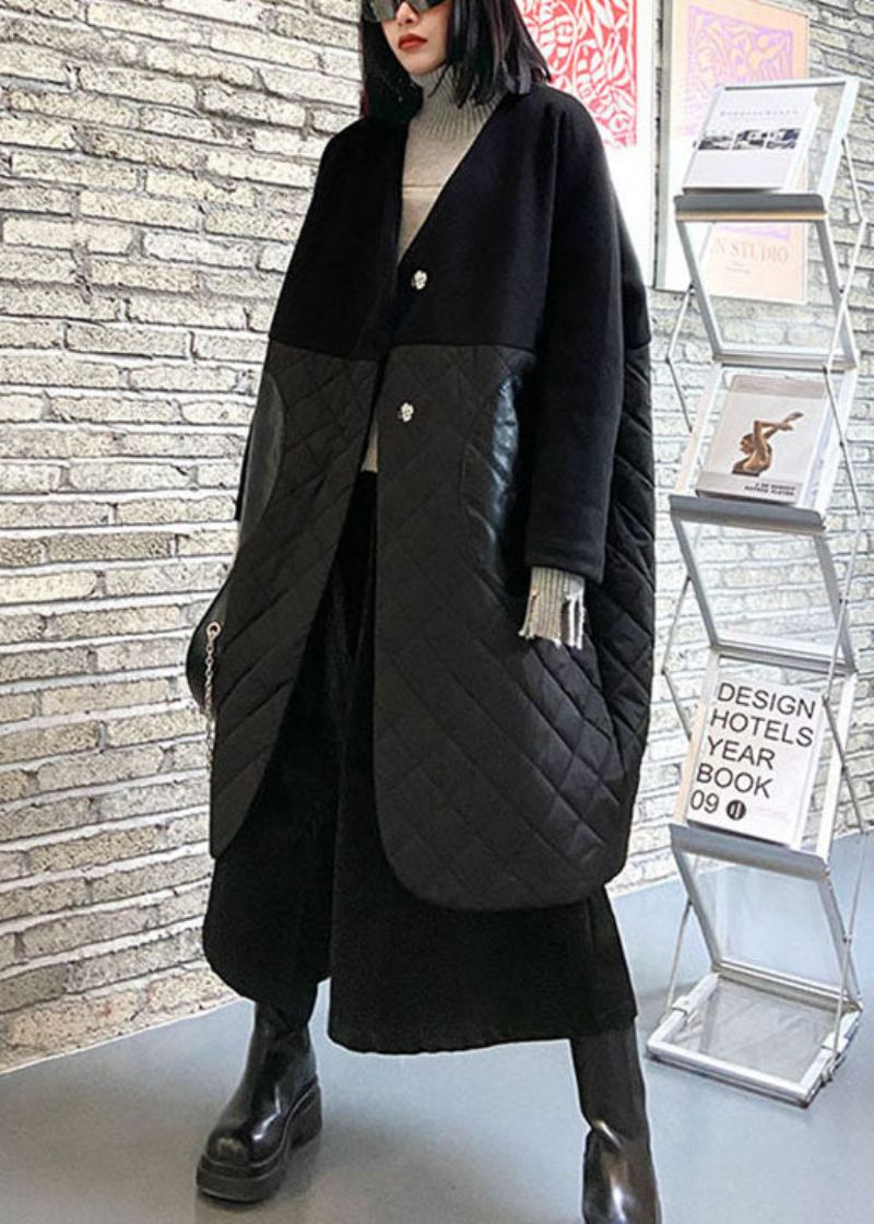 Manteau Parka D'hiver En Coton Avec Poches En Pu En Laine Noire Fine