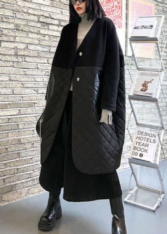 Manteau Parka D'hiver En Coton Avec Poches En Pu En Laine Noire Fine