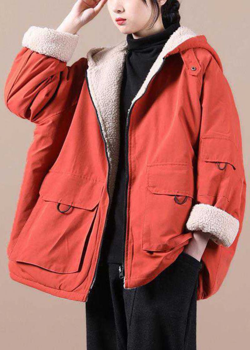 Manteau Parkas D'hiver Ample À Capuche Orange Avec Poches Zippées