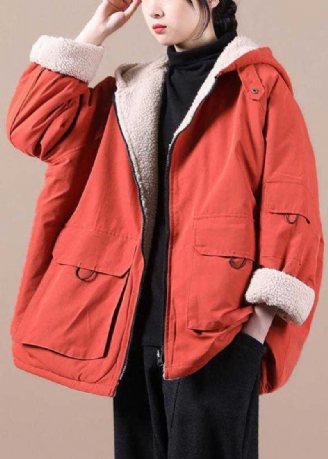 Manteau Parkas D'hiver Ample À Capuche Orange Avec Poches Zippées