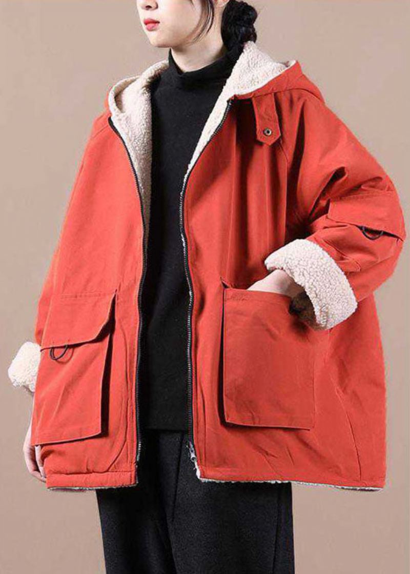 Manteau Parkas D'hiver Ample À Capuche Orange Avec Poches Zippées - Doudounes femmes