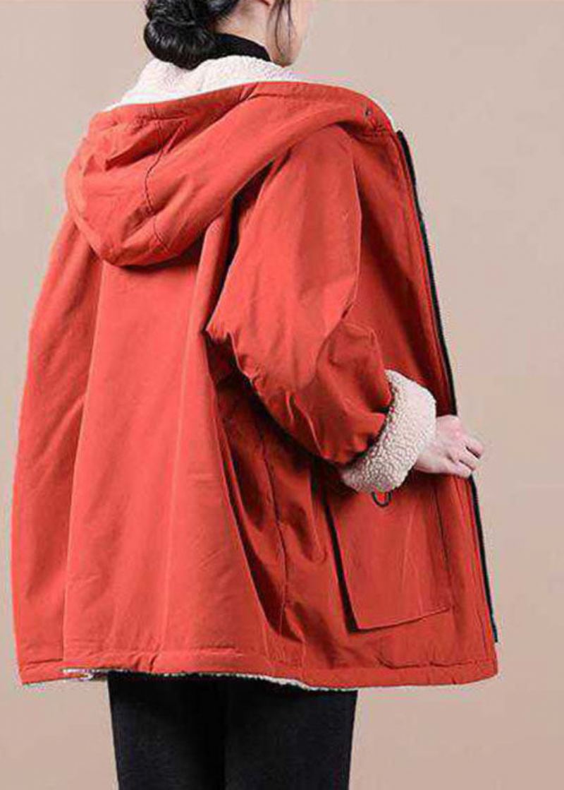 Manteau Parkas D'hiver Ample À Capuche Orange Avec Poches Zippées - Doudounes femmes