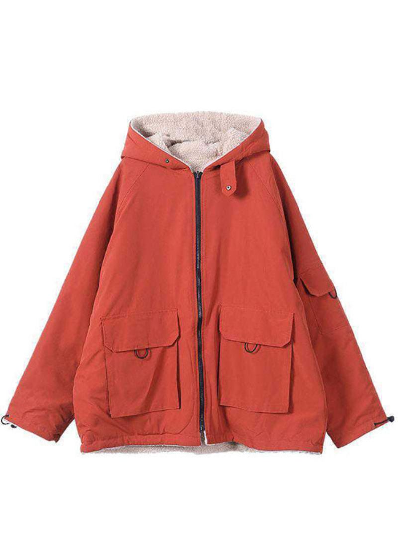 Manteau Parkas D'hiver Ample À Capuche Orange Avec Poches Zippées - Doudounes femmes