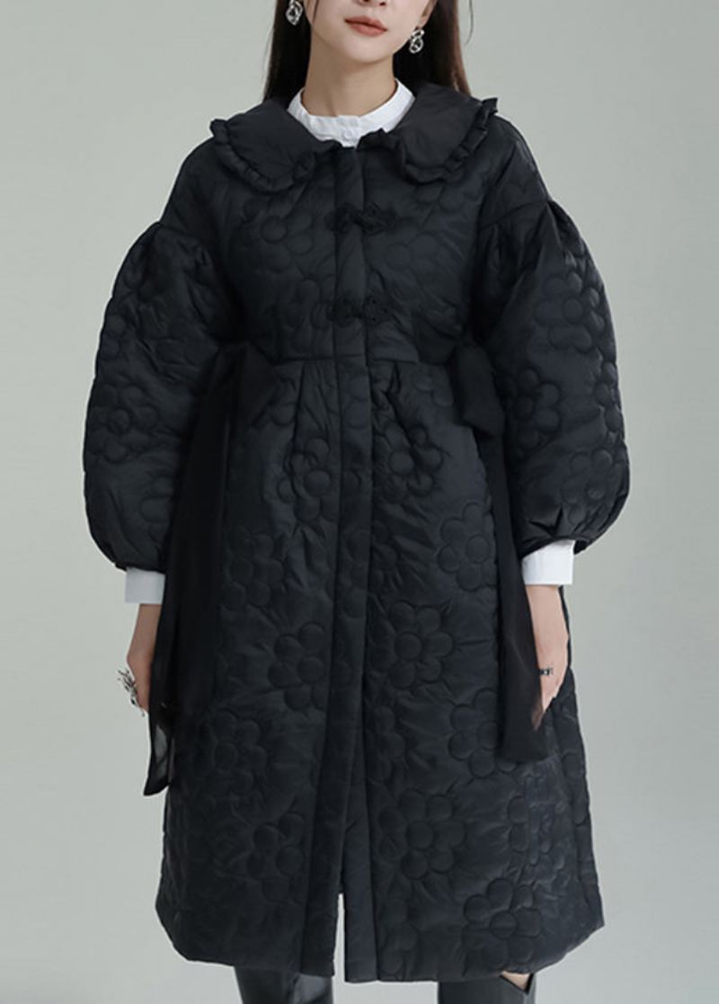 Manteau Rempli De Coton Gaufré Noir Col Claudine Manches Lanternes