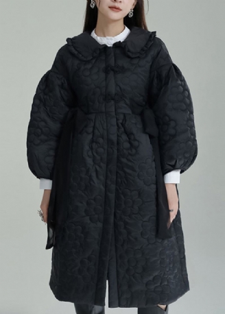 Manteau Rempli De Coton Gaufré Noir Col Claudine Manches Lanternes