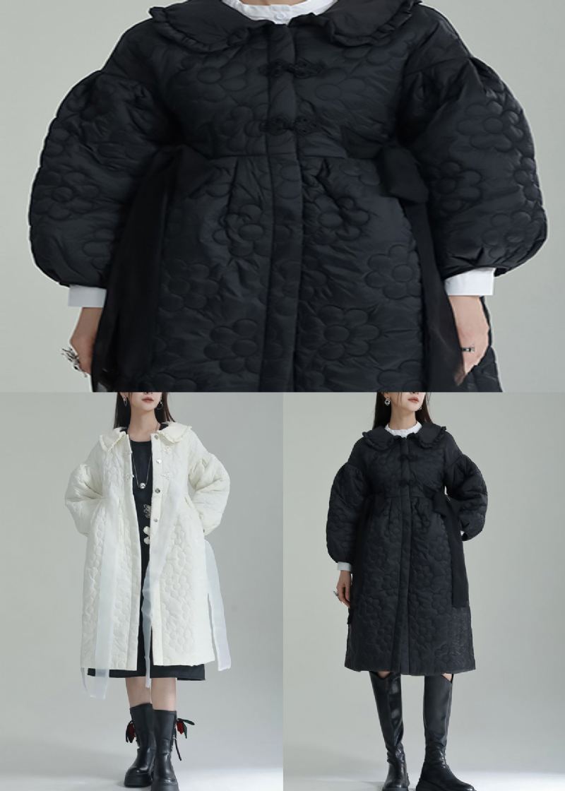 Manteau Rempli De Coton Gaufré Noir Col Claudine Manches Lanternes - Doudounes femmes