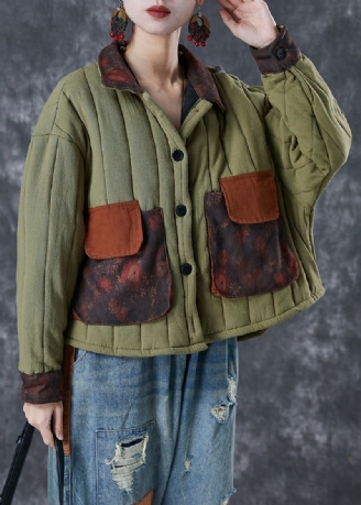 Manteau Surdimensionné En Coton Fin Avec Poches En Patchwork Vert Armée