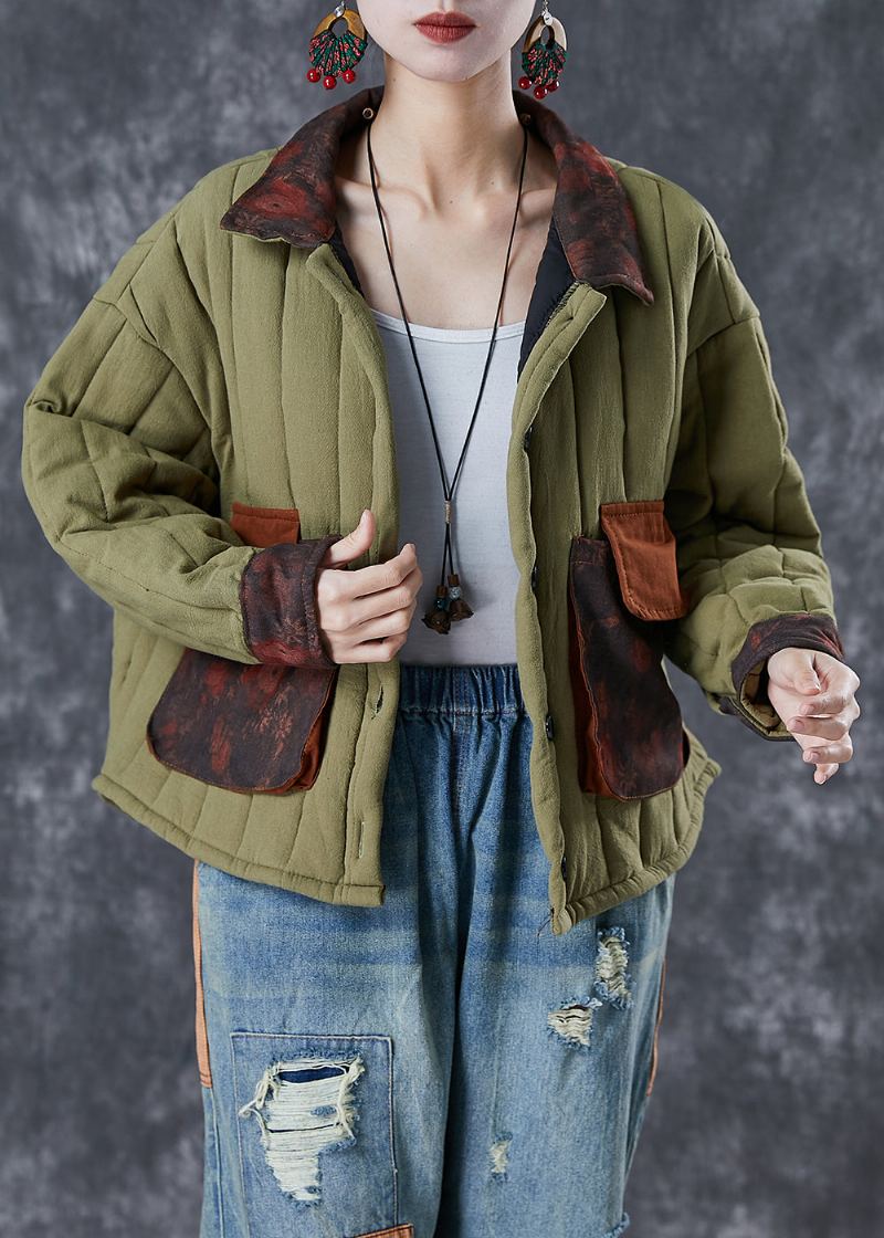 Manteau Surdimensionné En Coton Fin Avec Poches En Patchwork Vert Armée - Doudounes femmes