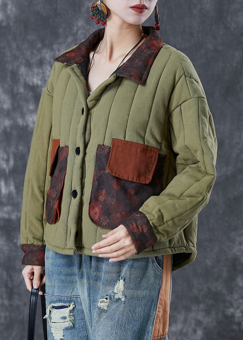 Manteau Surdimensionné En Coton Fin Avec Poches En Patchwork Vert Armée - Doudounes femmes