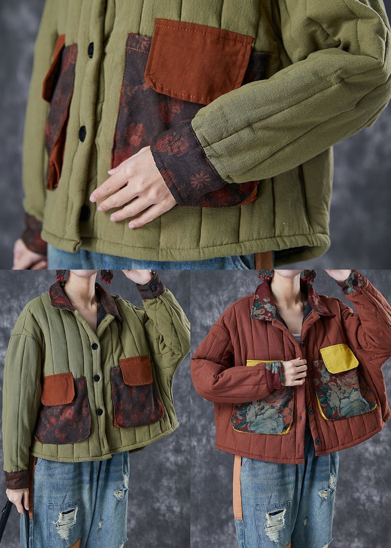 Manteau Surdimensionné En Coton Fin Avec Poches En Patchwork Vert Armée - Doudounes femmes