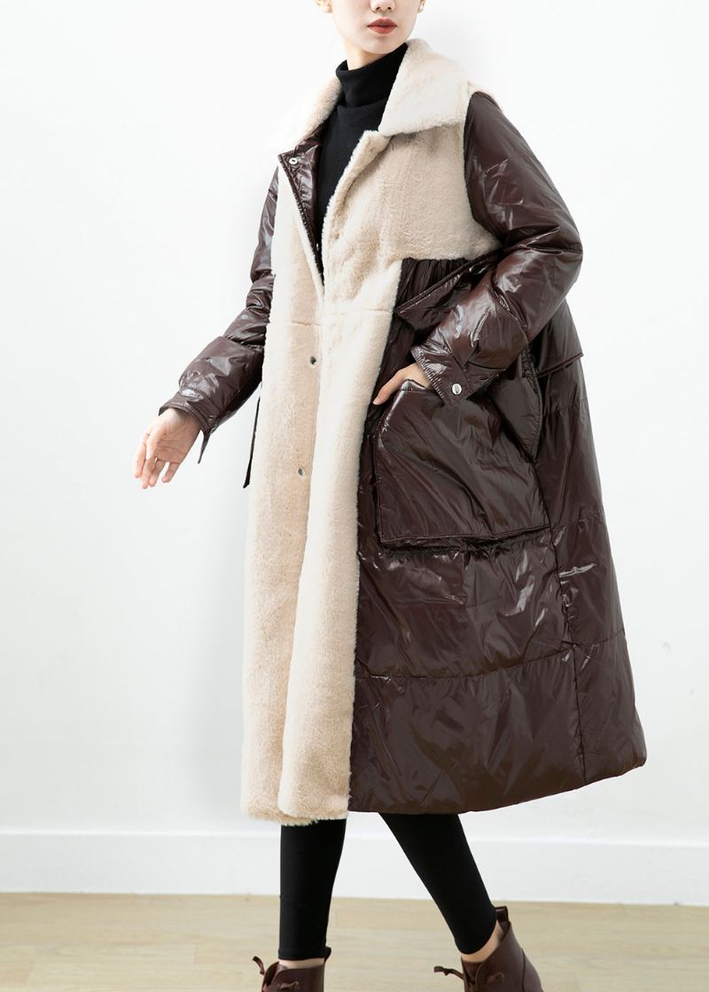 Manteau Surdimensionné En Duvet De Canard Et Velours De Vison Patchwork Chocolat Hiver